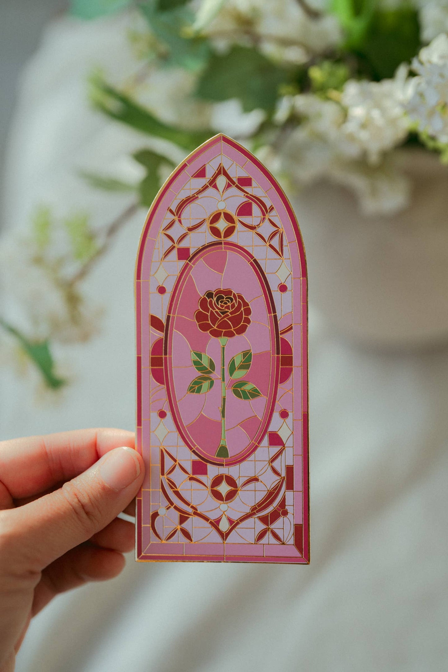 The Bookish Atelier - Gold Foil Stained Glass Rose Bookmark | Valentine's Day